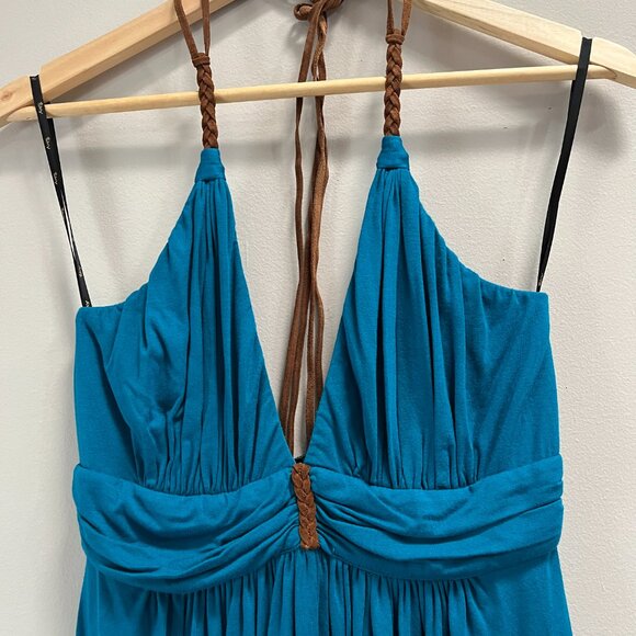 Sky Women's Halter Top Teal Blue Plunge‎ Leather Tie Sexy Boho NEW Large - Picture 2 of 4